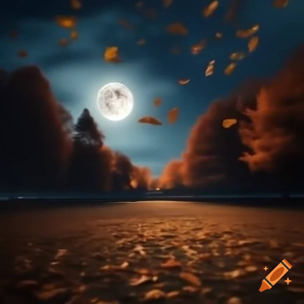 Landscape featuring fall foliage with trees and a full moon