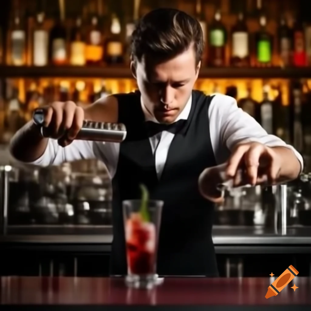 Stressed bartender serving large crowd of customers
