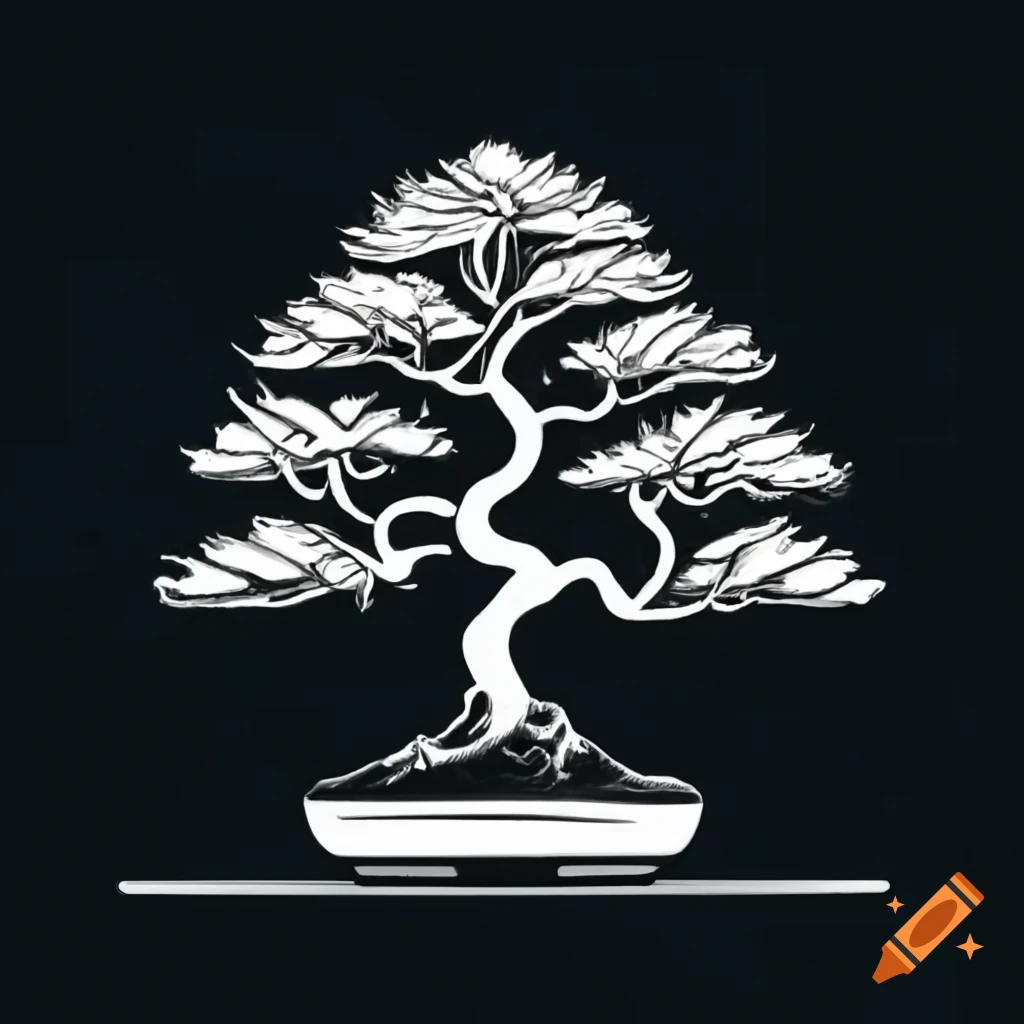 White bonsai drawing in pot on dark background