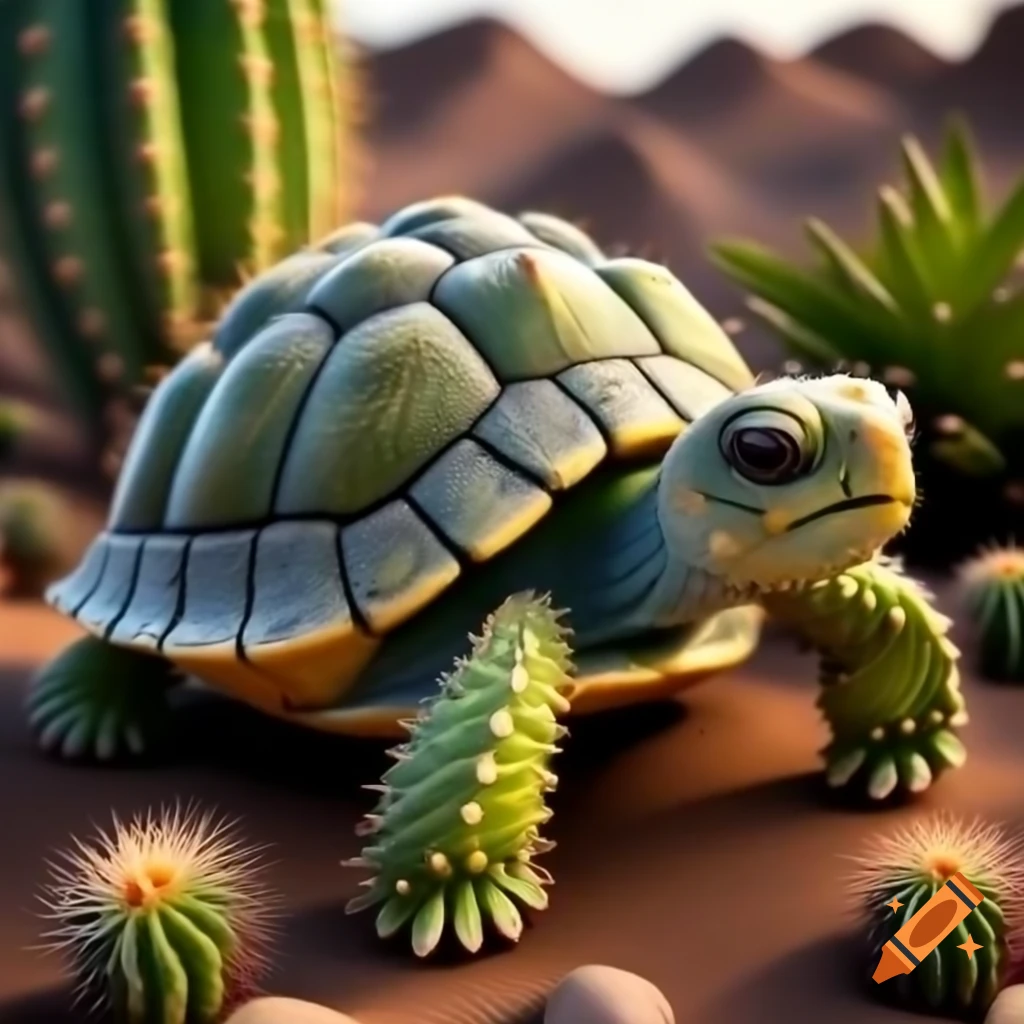 Turtle-shaped cactus with spiny skin and succulent leaves, blooming flowers