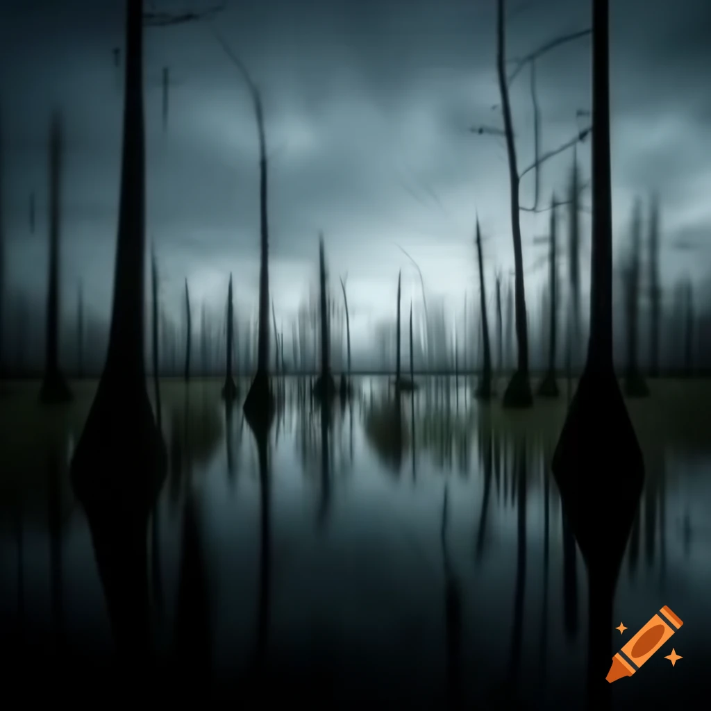Atmospheric dark swamp landscape with water