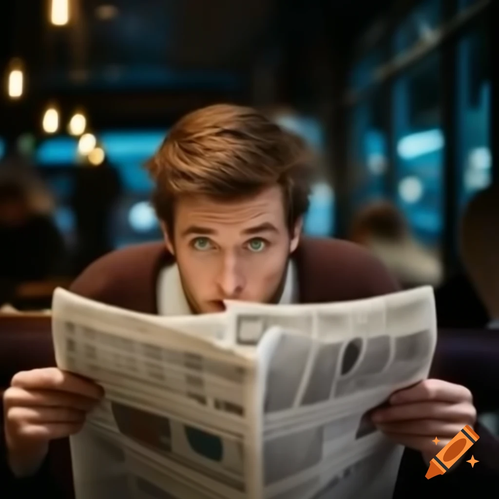 Man with brown hair and green eyes reading newspaper in restaurant with hamburgers