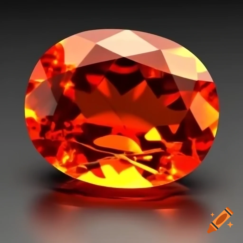 Red orange oval gemstone exhibiting fiery brilliance