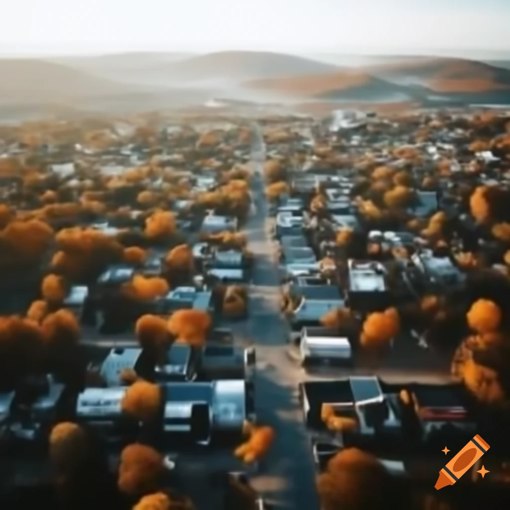 Aerial view of small town showcasing autumn foliage