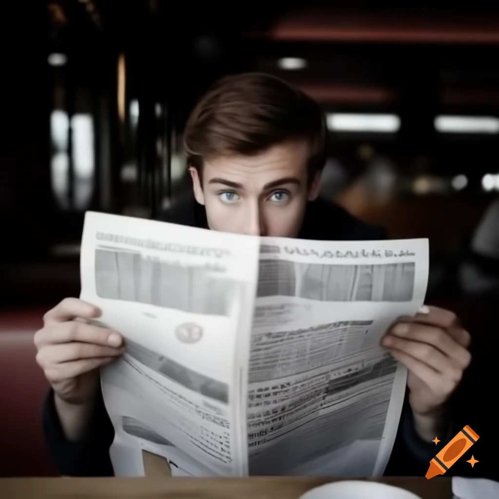 Man with brown hair and blue eyes reading newspaper in restaurant with hamburgers