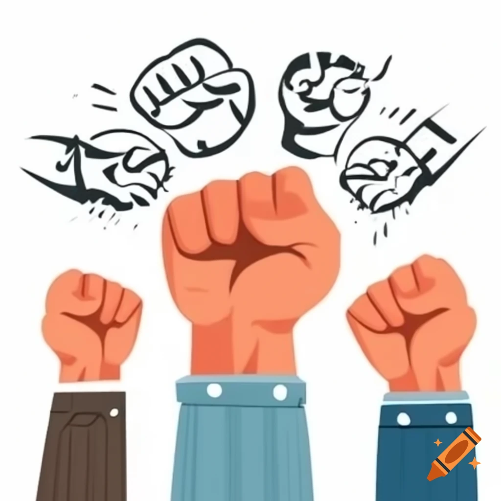 Human fists raised in solidarity fighting for rights and democracy