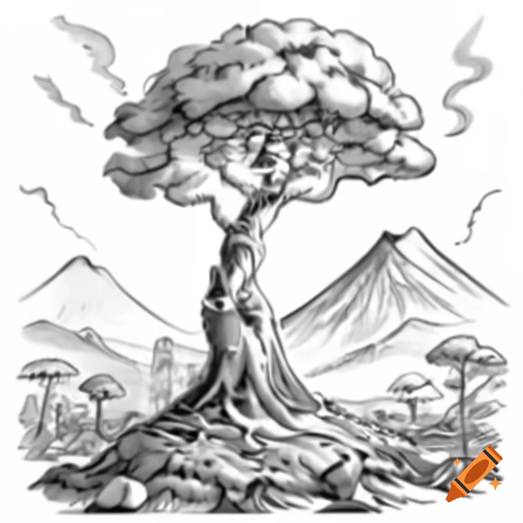 Sketch of large ancient tree in forest with erupting volcano in background