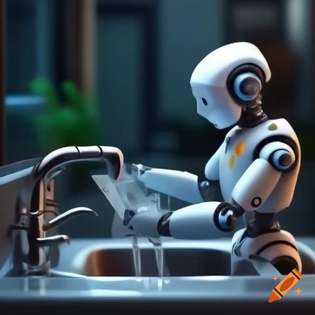 Robot washing dishes in a modern kitchen