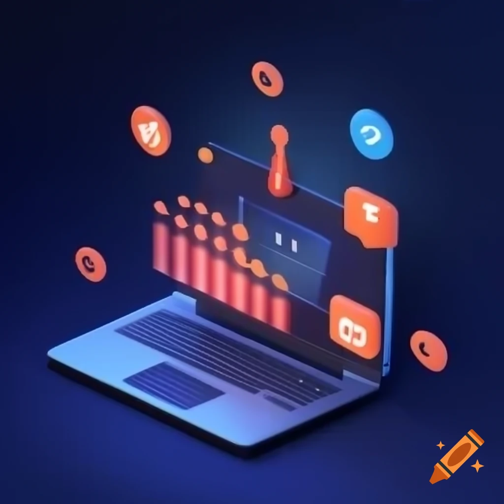 Sleek 3D digital dashboard interface on laptop with dark blue background and orange-red highlights