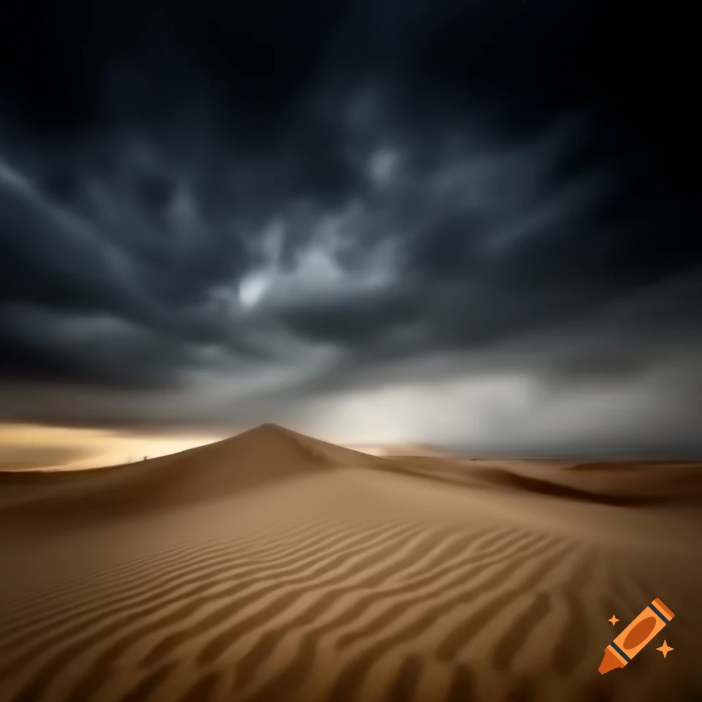 Realistic depiction of sand desert under ominous stormy skies