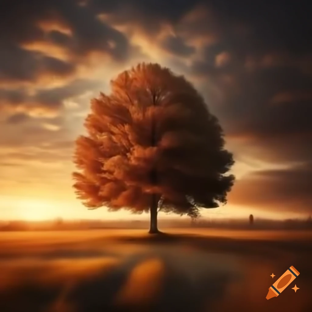 Tall tree in autumn colors at sunset