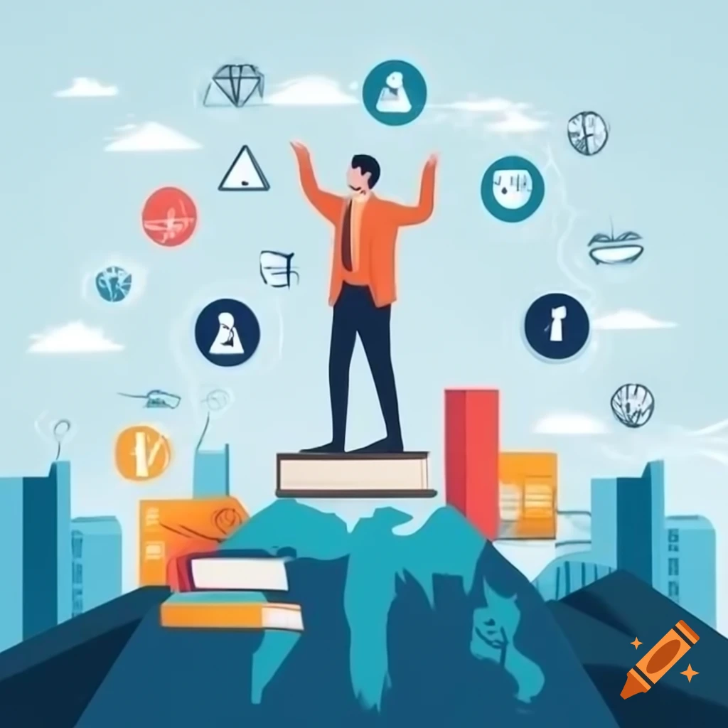 Confident individual standing atop a mountain symbolizing personal success and achievement