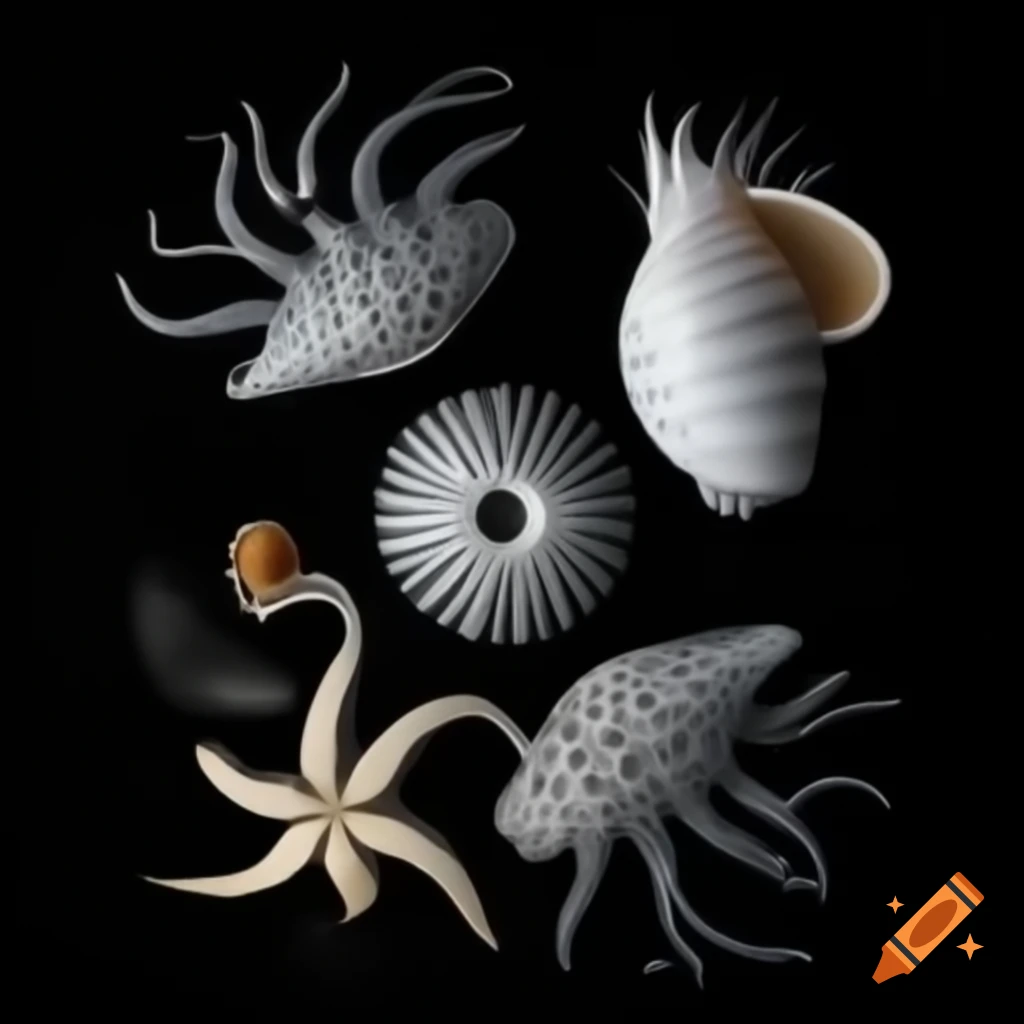 Black and white collage of octopus and sea shells on black background with dramatic lighting