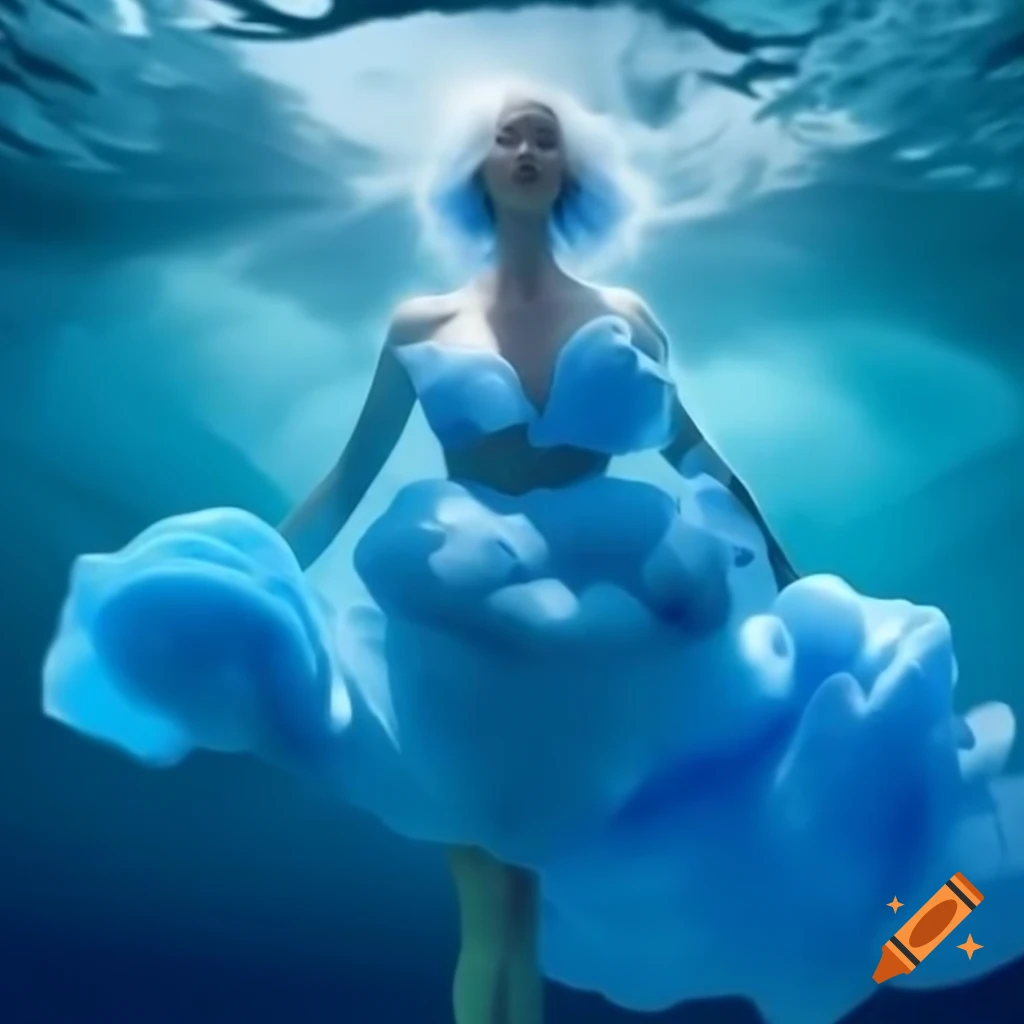 Water-inspired costume made from recycled materials featuring flowing ocean wave design