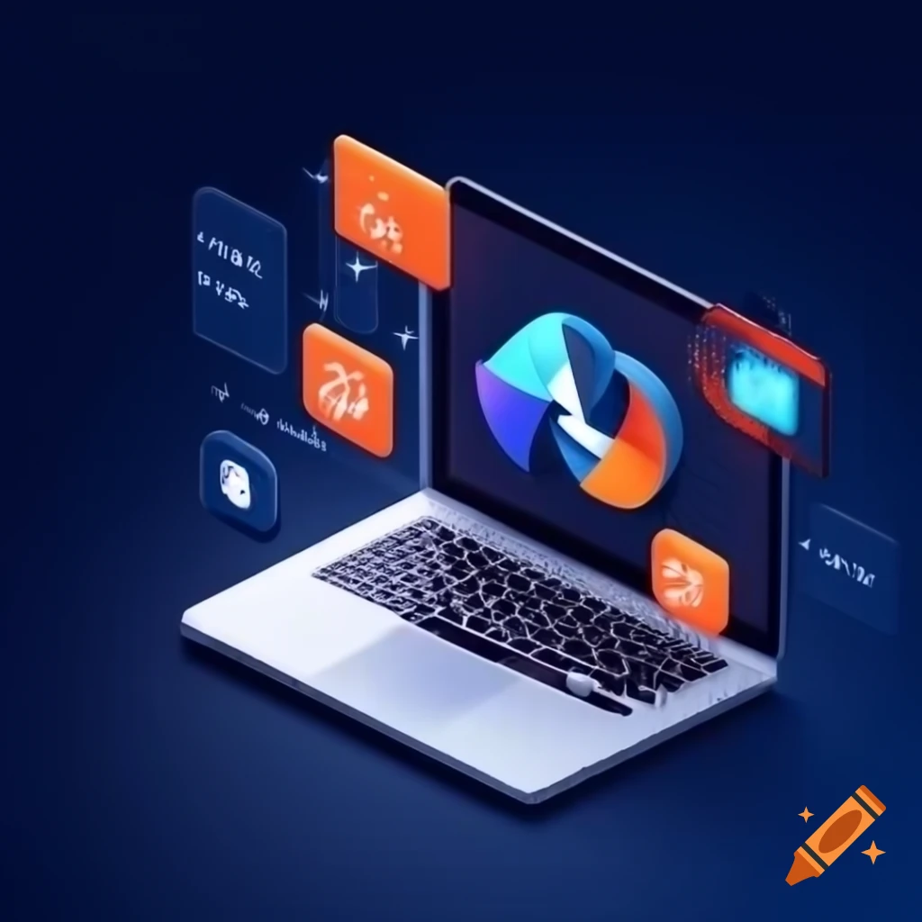 Sleek 3D digital dashboard interface on laptop with dark blue background and orange-red highlights