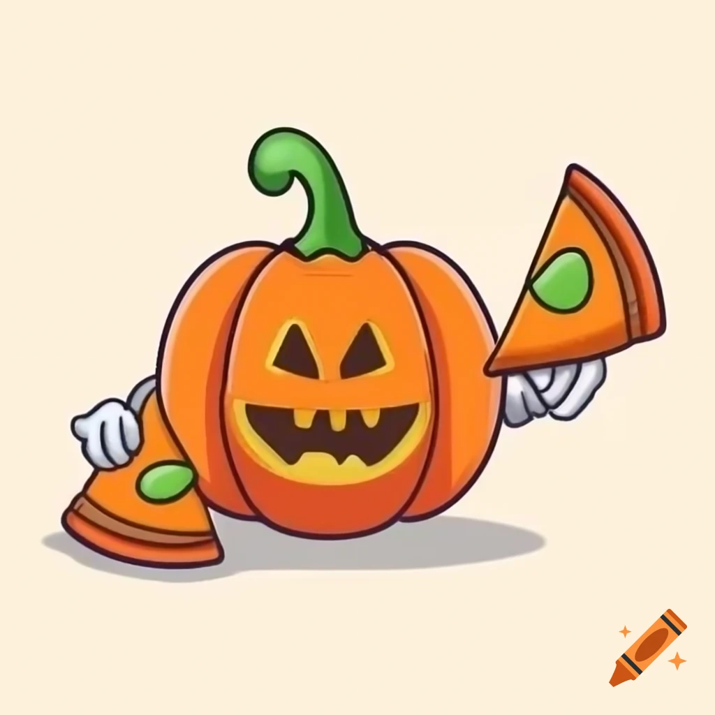 Pumpkin with slice of pizza emerging from it