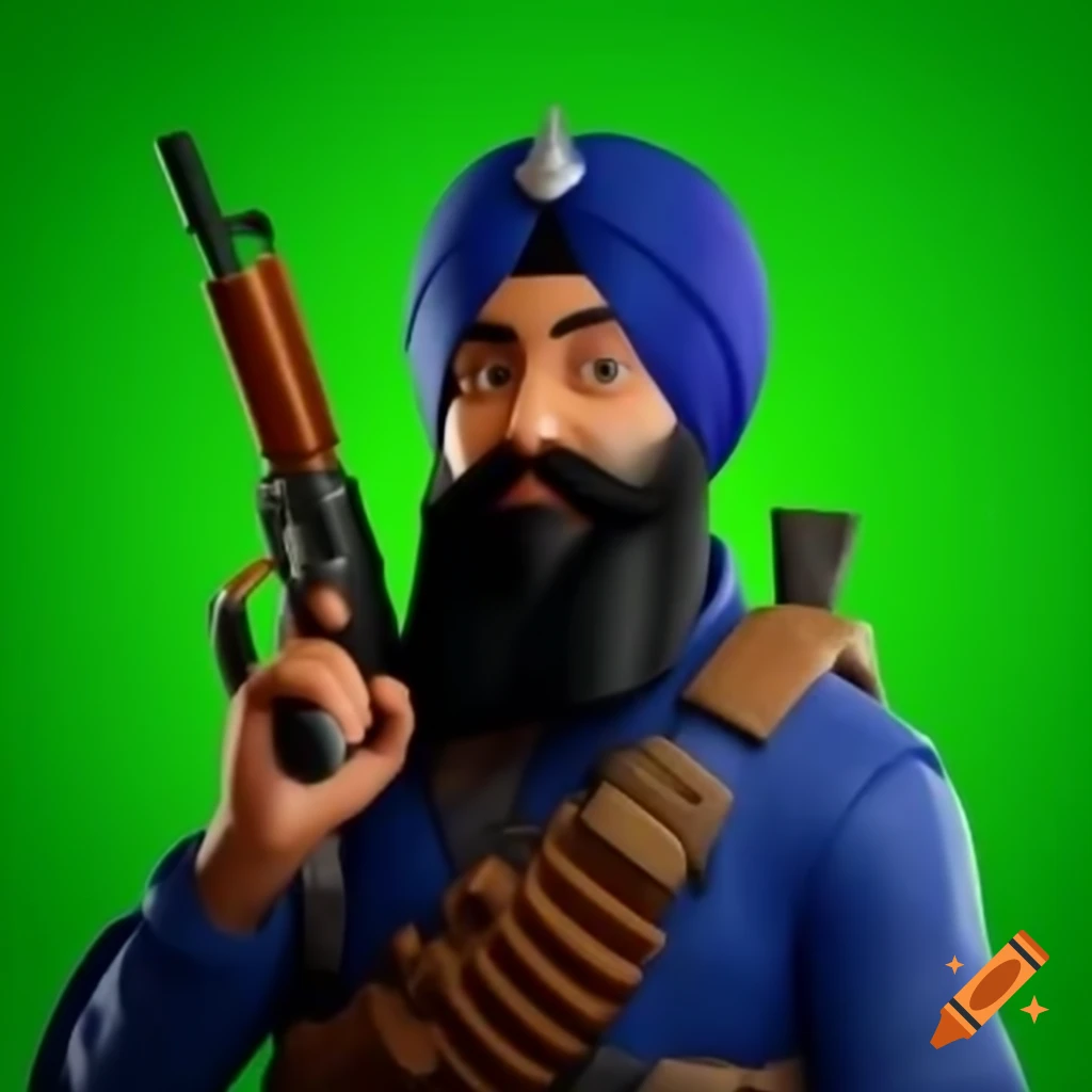 Sikh avatar wearing turban with gaming weapons for thumbnail design