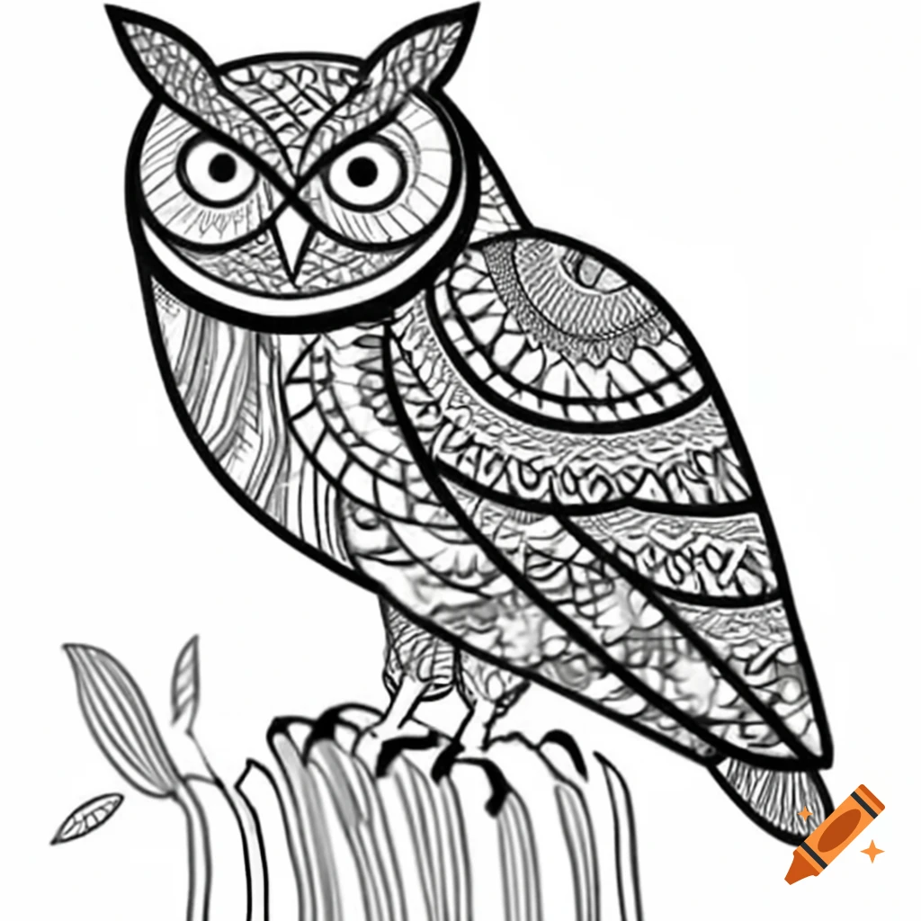 Owl illustrated in black and white bold line zentangle art style