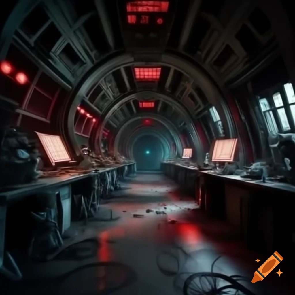 Abandoned dark laboratory with steampunk equipment and dim red lights