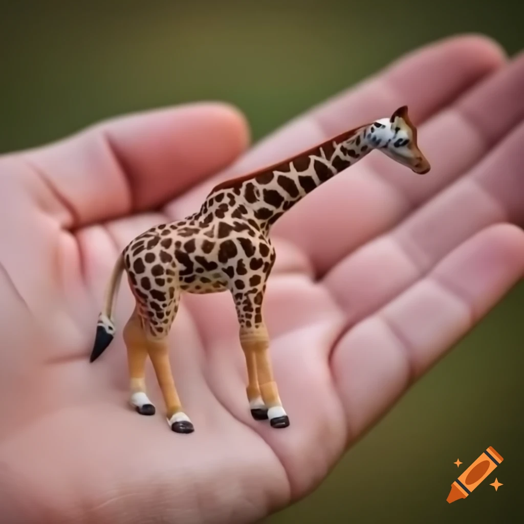 Realistic miniature giraffe in human hand showcasing long neck and spotted pattern