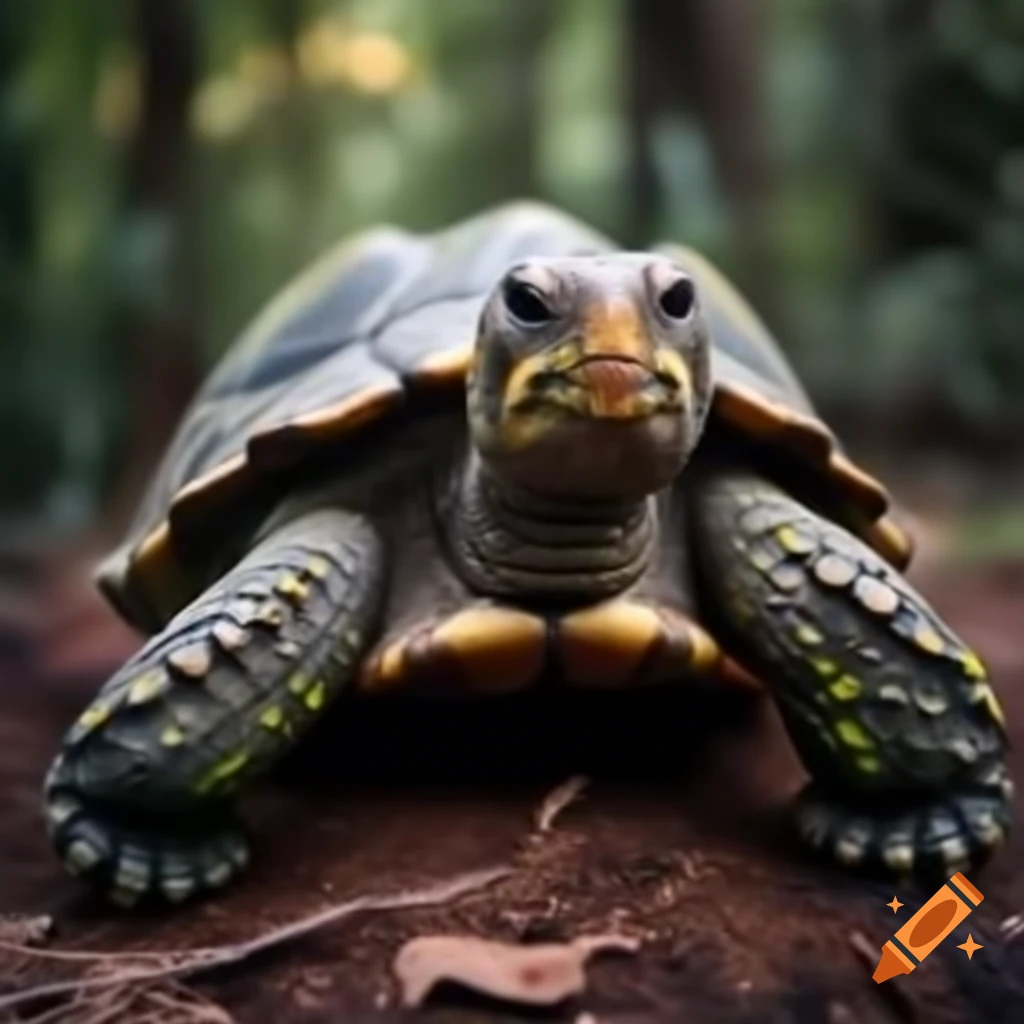 Land turtle wearing a sleeping cap in a forest