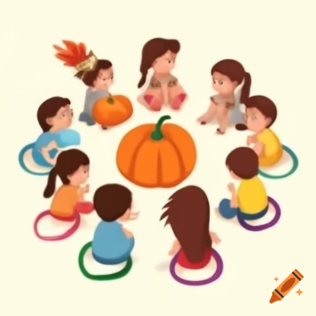 Group of preschoolers passing a pumpkin in a circle while singing