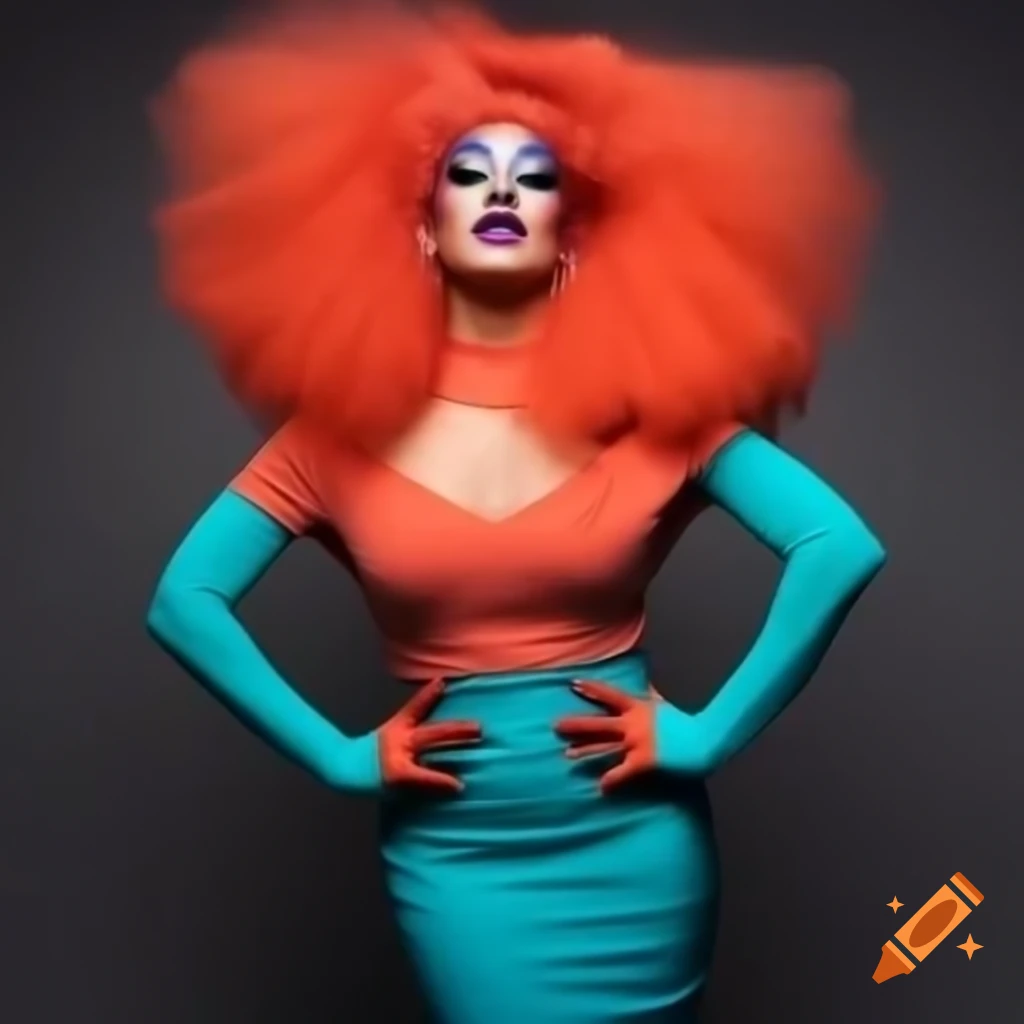 Color blocking outfit of Missy Mingle from RuPaul's Drag Race, featuring coral and teal colors
