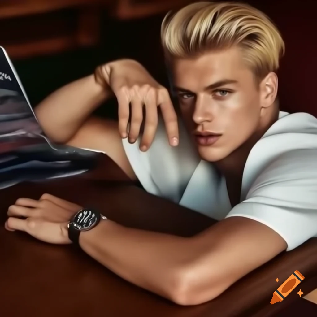 Blond male model lying on table showcasing watch