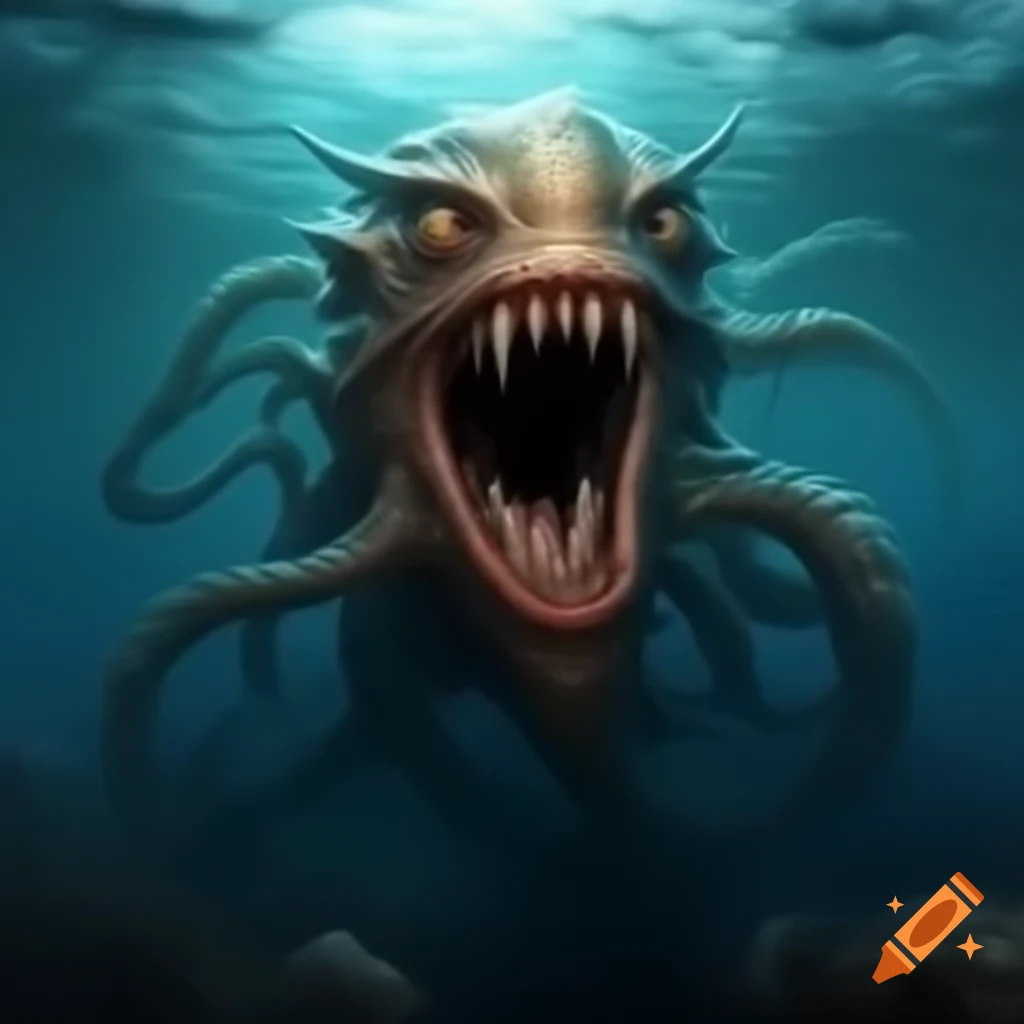 Large sea creature with big mouth and teeth near scared diver in ocean depths