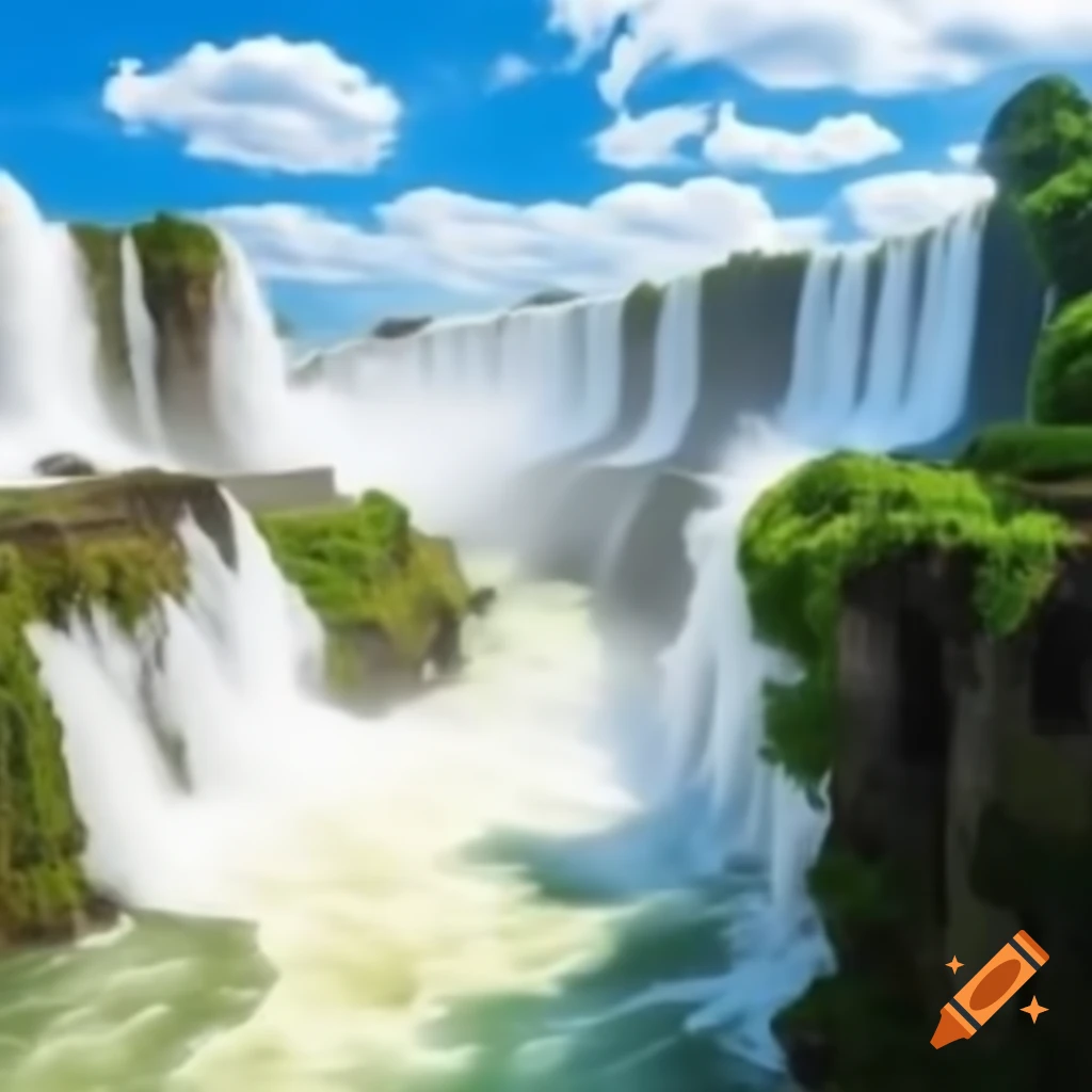 Digital art of Iguazu Falls with bright sunshine and mist