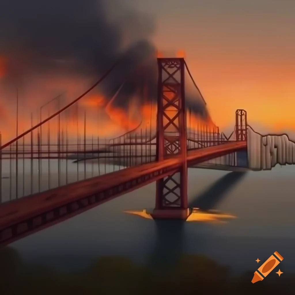 San Francisco bridge with dramatic burning buildings in background