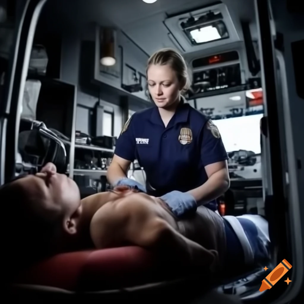 Paramedic performing chest compressions inside ambulance