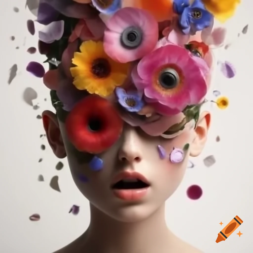 Realistic graphic of human head with colorful flower petals spilling from eye sockets and mouth