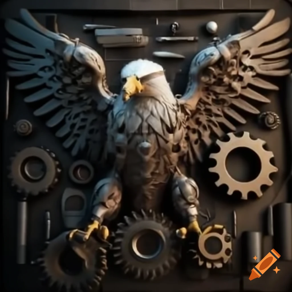 Mechanical eagle constructed from gears and metal tools