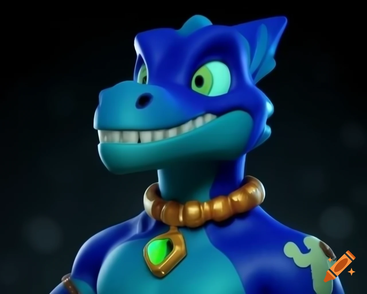 3D cartoon fantasy dinosaur character named Jowwi with magical pendant and glowing gem