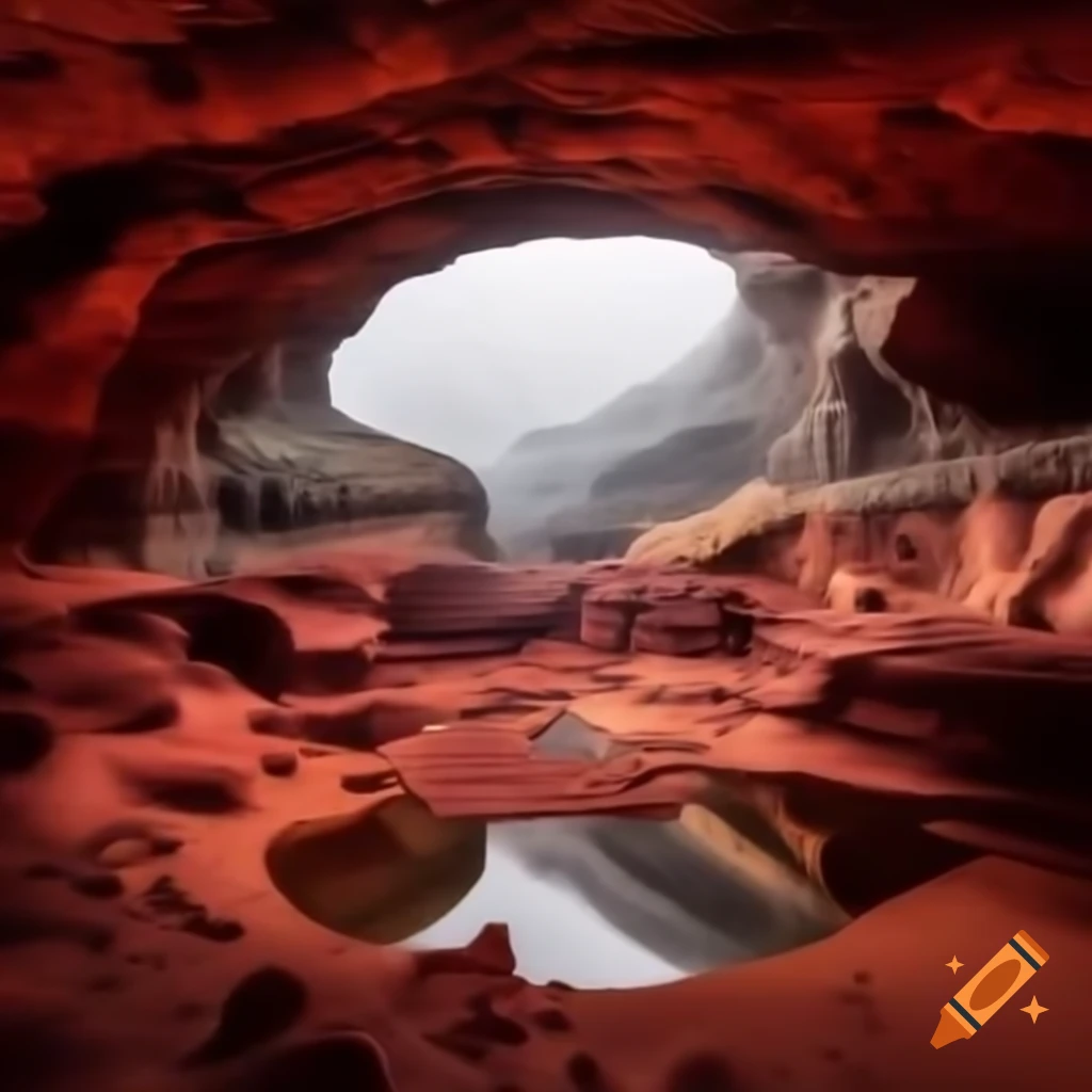 Crimson polymer rising from ponds in mammoth cave with canyon walls