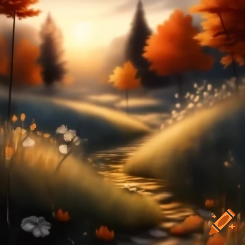Realistic magical fall scene with grass, trees, and flowers in charcoal and warm shades