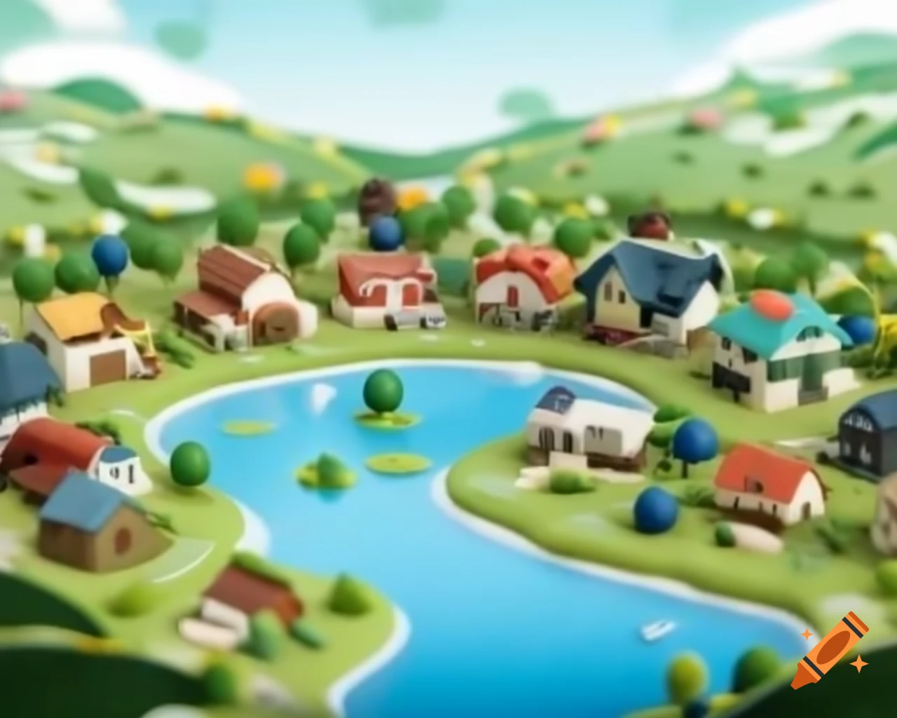 Miniature city featuring a lake and various buildings and houses