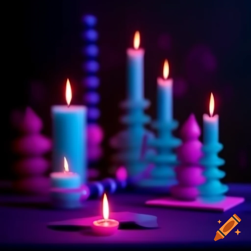 Still life of glowing neon objects with candles and soft pastel colors