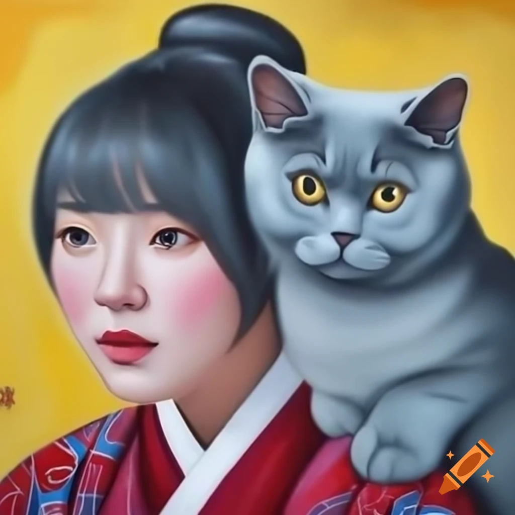Korean folk painting featuring grey British Shorthair cats