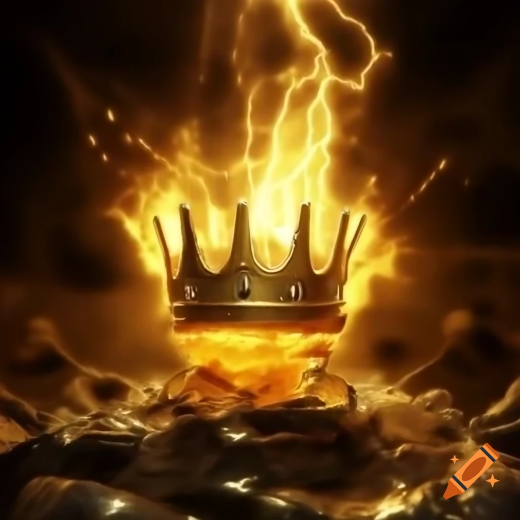 Golden crown with light magic against chaotic yellow storm background