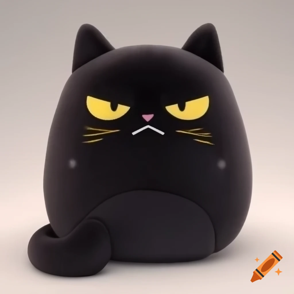 Cute grumpy black cat plush in anime style with yellow eyes