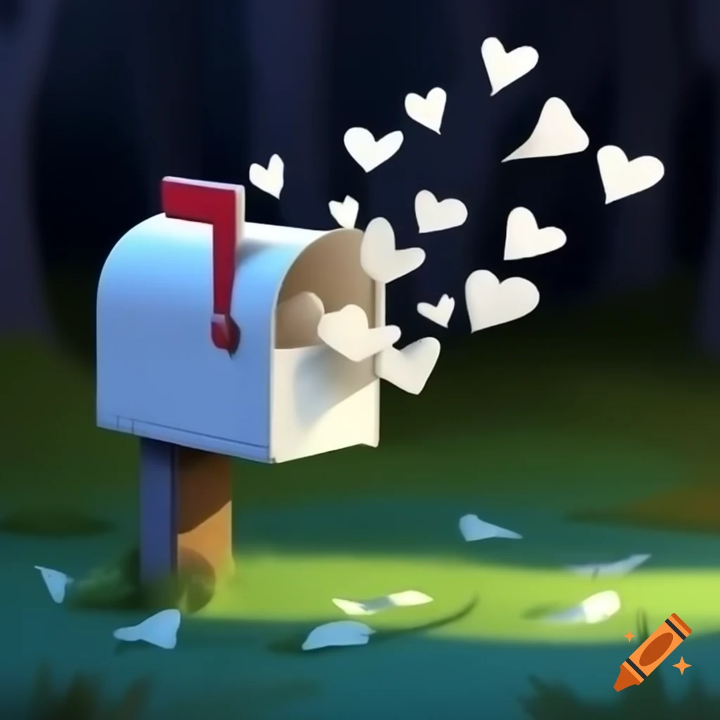 Mailbox overflowing with white paper hearts in cartoon style