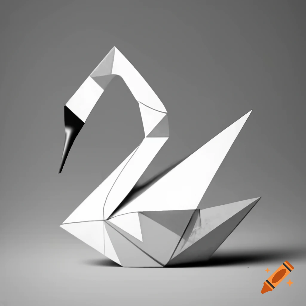 Conceptual black and white sketch of origami swan