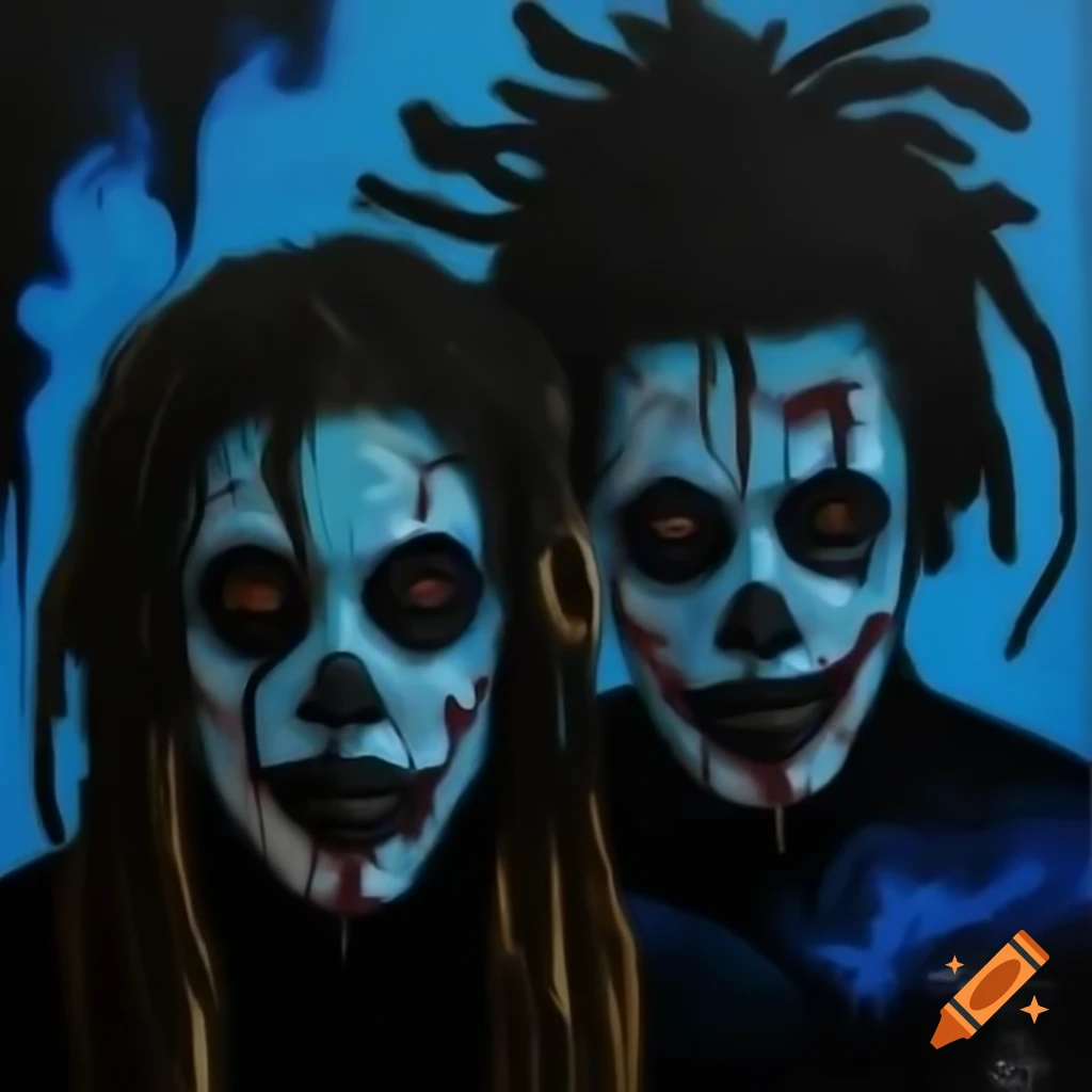 Abstract drippy painting featuring black and blue wall with ghoulish faces and marijuana smoke