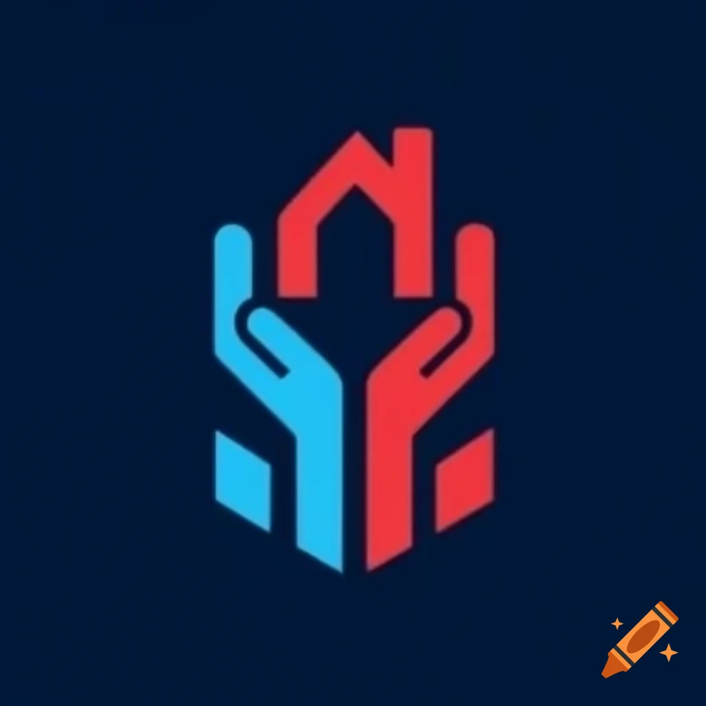 2D logo of a human form with arms as house roof in dark blue, light blue, and red