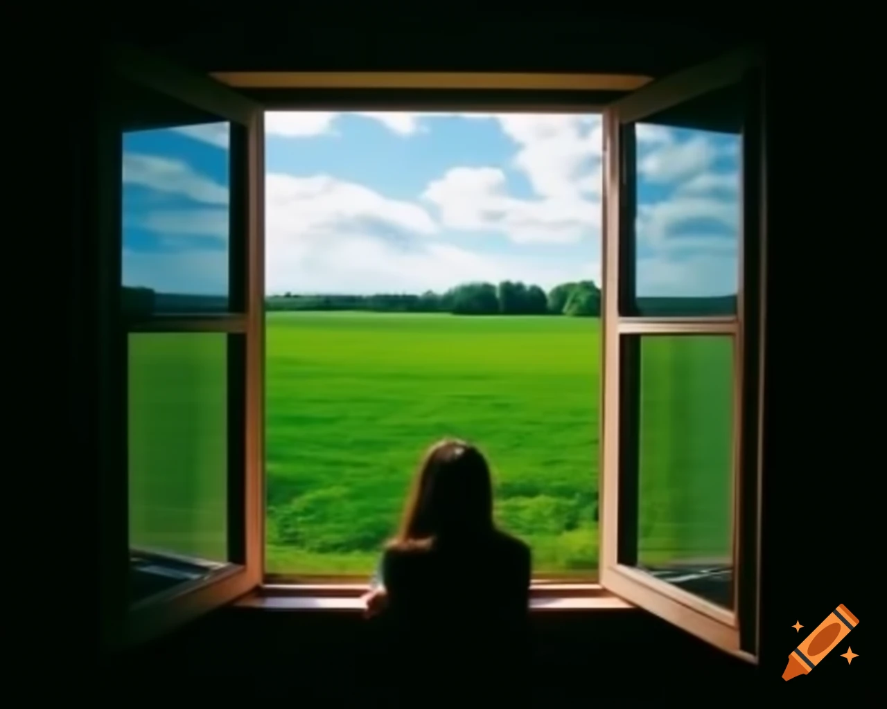 Student opening window to green field and blue sky, suitable for counseling room