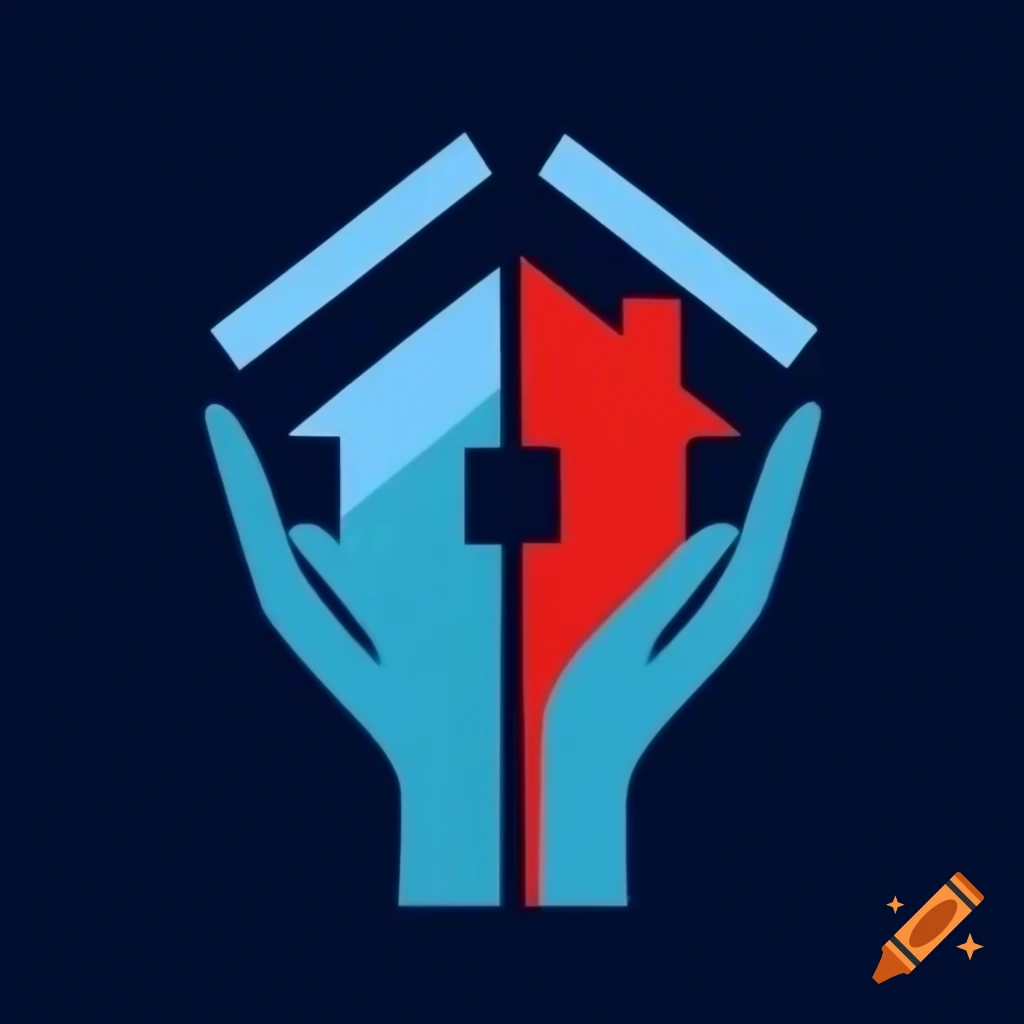 2D logo of a human form with arms as house roof in dark blue, light blue, and red