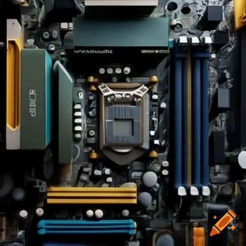 Close-up of a computer motherboard with various components