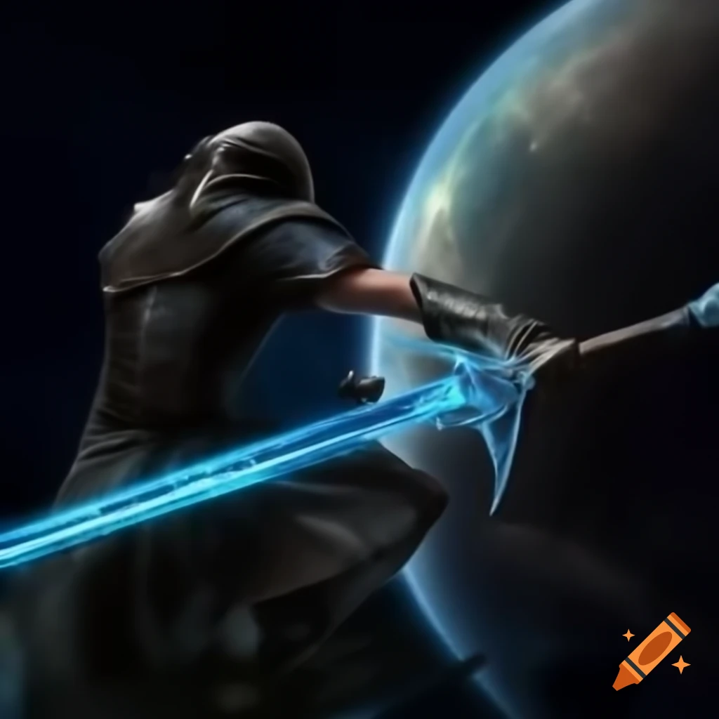 Sword mage wielding a sword to cut through a planet